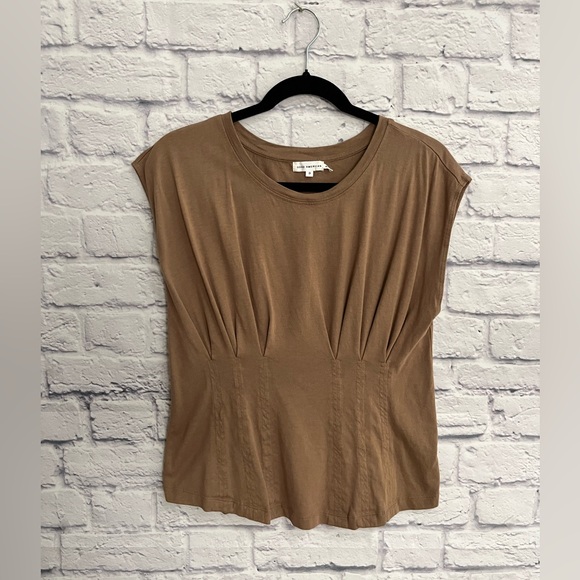 GOOD AMERICAN tan cocoa brown top cap sleeve tee sz L - Picture 1 of 7